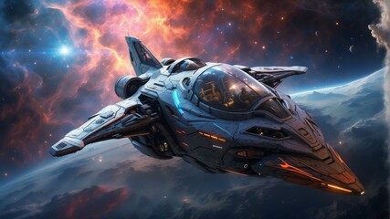 Naklejka premium A spaceship is flying in space. AI.