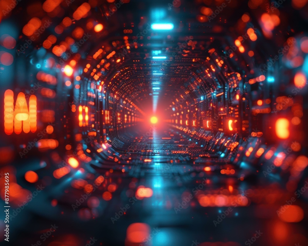 Poster Glowing blue and red circuit board tunnel. AI.