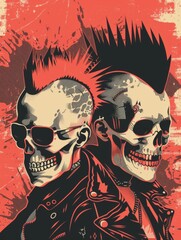 Edgy punk rock poster, flyer or album cover. Color scheme is intense, embody punk ethos.  Grunge texture. Skulls and rebellious spirit of punk. Musical anarchy and independence