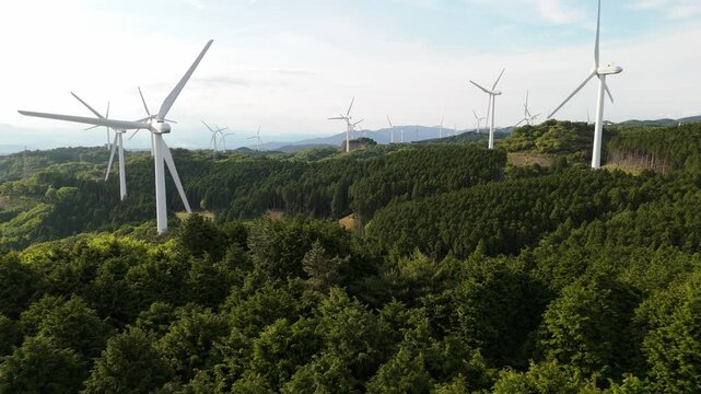 A cluster of wind turbines for generating electric power in a valley surrounded by green forest. wind generator Environmentally sustainable energy concept. Top view from a drone
