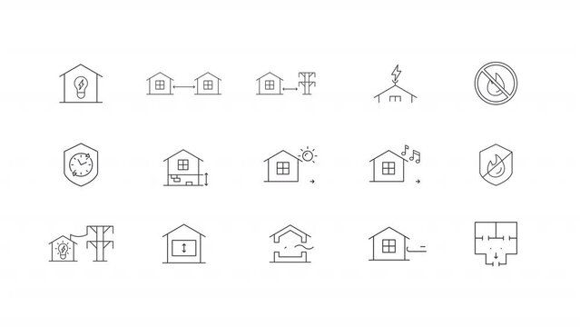 Building standards animation set. Construction safety animated line icons. Minimum distance, house insulation. Black illustrations on white background. HD video with alpha channel. Motion graphic