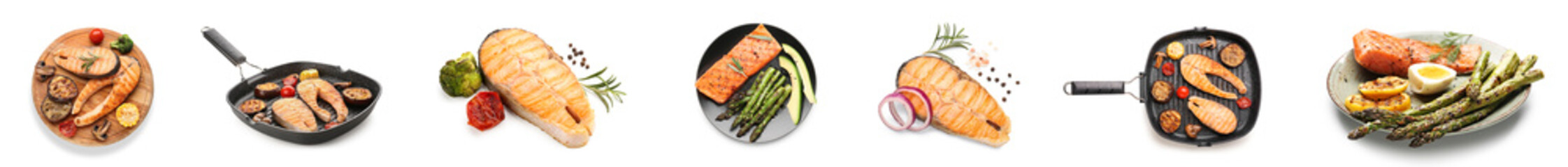 Set of tasty grilled salmon and vegetables on white background