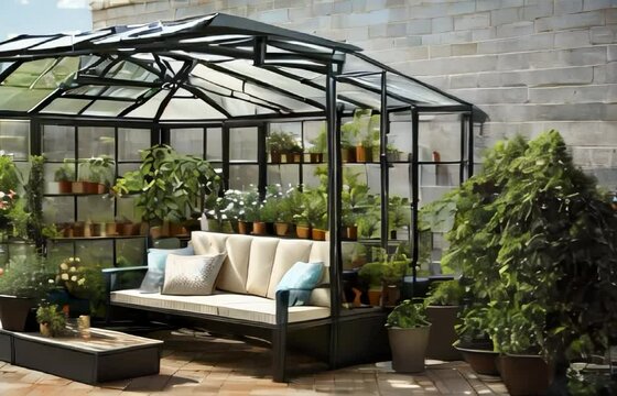 garden gazebo with a metal structure, glass sides and roof, modern style