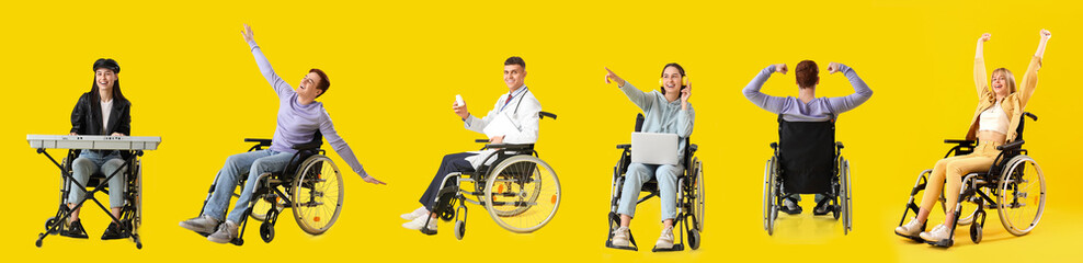 Fototapeta premium Collage of happy people in wheelchairs on yellow background