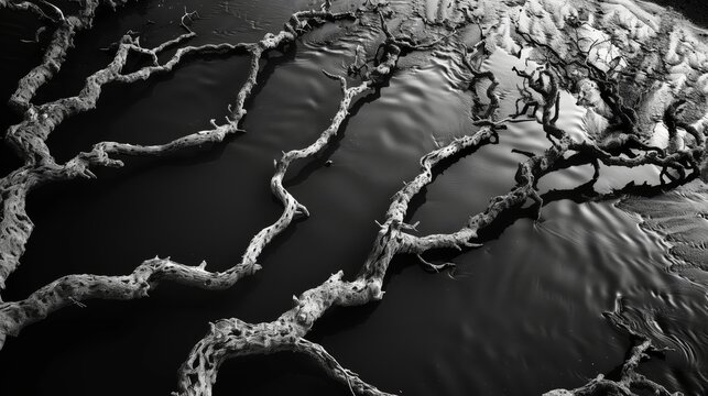 Line patterns in nature, like tree branches and river courses, show nature's geometric elegance and interconnectedness.