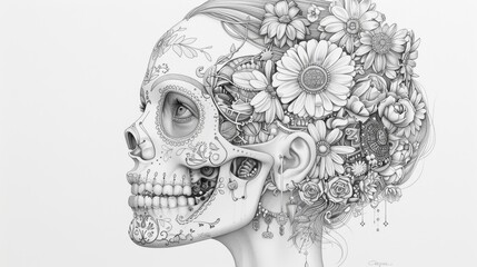 Fototapeta premium Ornate Pen and Ink Illustration of La Calavera Catrina Emphasizing Intricate Skull Makeup and Jewelry Details