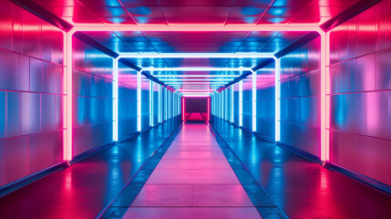 Fototapeta premium Abstract and atmospheric long corridor with neon-lit