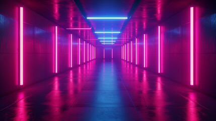 Fototapeta premium Abstract and atmospheric long corridor with neon-lit
