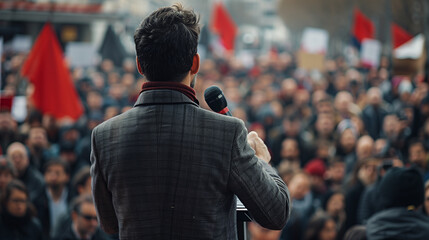 Man doing a speech outdoor in front of a crowd of members of a political party