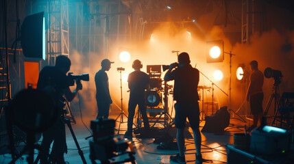 Commercial video film movie making lighting set professional studio production big working people silhouette scenes behind television camera motion picture equipment crew photo light