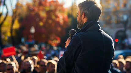 Man doing a speech outdoor in front of a crowd of members of a political party