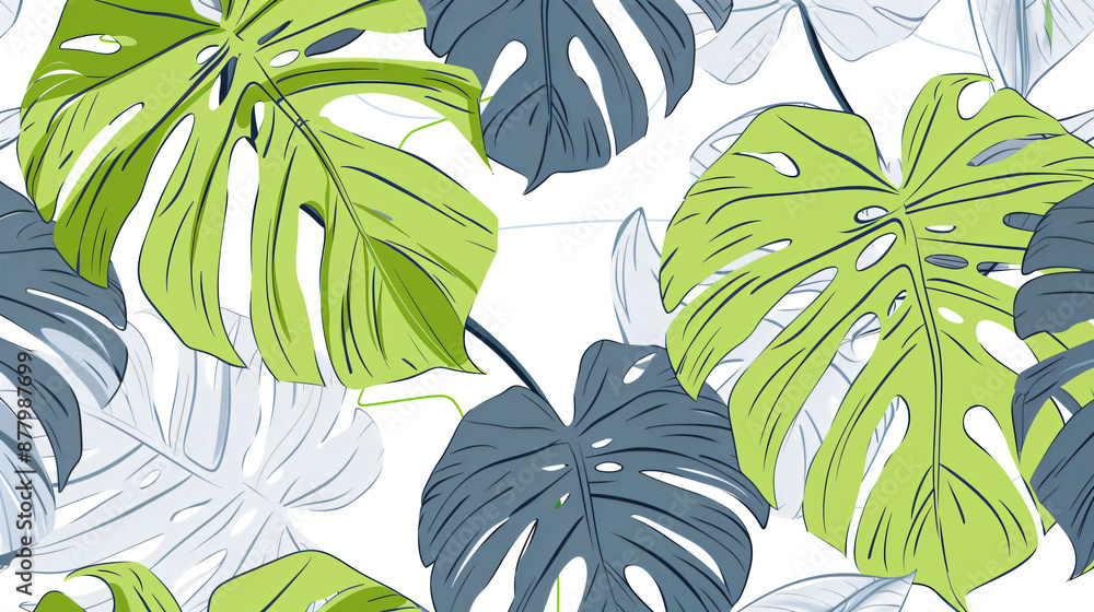 Aufkleber abstract vector line art drawing of monstera leaves on a white background, using a green and gray co