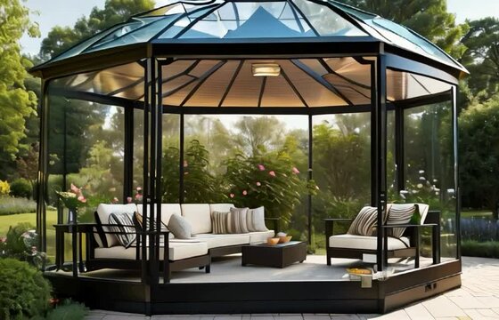 garden gazebo with a metal structure, glass sides and roof, modern style
