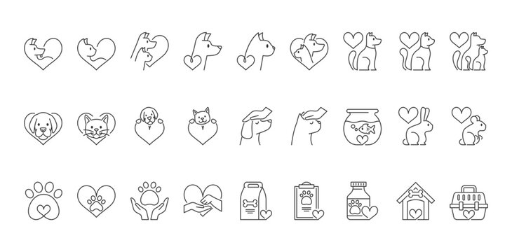 Collection Of Line Icons Related To Love For Pets, Including Dogs, Cats, Rabbits, And Fish. Outline Vector Symbols