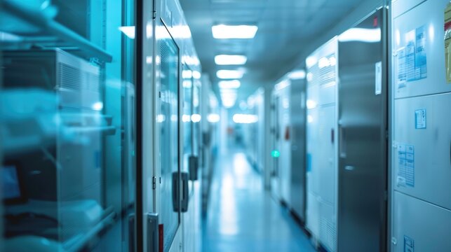 Abstract blur of 70 degrees freezer for specimen storage in hospital Rows of fridges storing blood for research at university