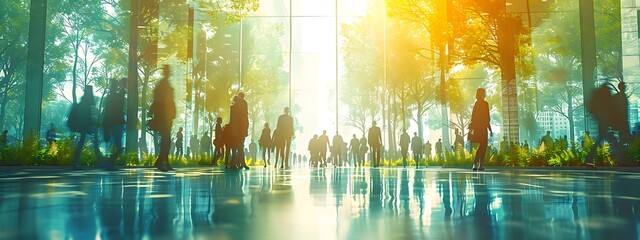 Naklejka premium Blurred background of people walking in a modern office building with green trees and sunlight , eco friendly and ecological responsible business concept image with copy space 