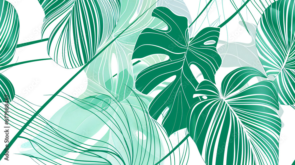 Aufkleber abstract vector line art drawing of monstera leaves on a white background, using a green and gray co
