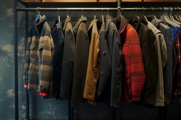 Naklejka premium a selection of male clothes neatly arranged on hangers