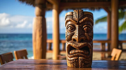 Polynesian culture, isolated wooden carved tiki statue, Hawaii background, banner with copy space text, template	