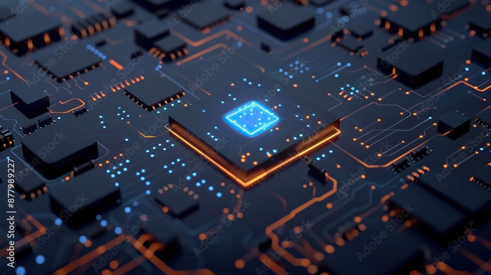 Poster futuristic glowing blue and orange electronic circuit board with intricate patterns