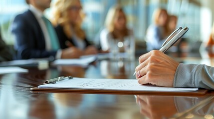 Closeup of a hand holding a pen writing on a clipboard during a business meeting in a modern office