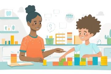 Flat design illustration of a caregiver teaching a child basic math skills using colorful counting blocks. The scene shows the caregiver patiently explaining the concepts while the child practices