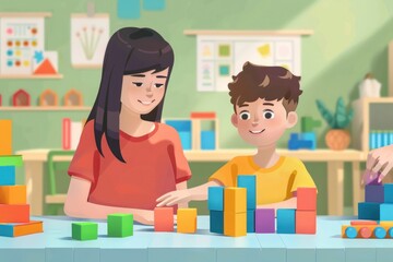 Flat design illustration of a caregiver teaching a child basic math skills using colorful counting blocks. The scene shows the caregiver patiently explaining the concepts while the child practices