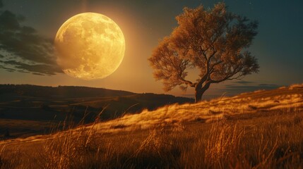 A harvest moon so close and large, it illuminates the landscape with a surreal, golden light, making shadows dance. 