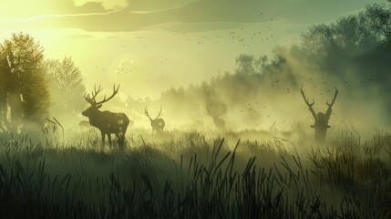 Obraz premium A scene where the morning mist in the fields forms into shapes of mythical creatures roaming freely. 