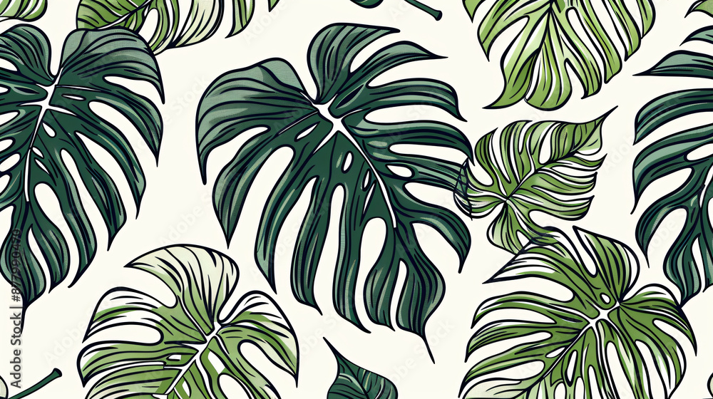 Aufkleber abstract vector line art drawing of monstera leaves on a white background, using a green and gray co