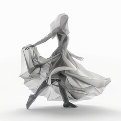 3D Render, Low Poly style of a ghostly dancer with flowing dress and ethereal movements, on isolated white background, Generative AI