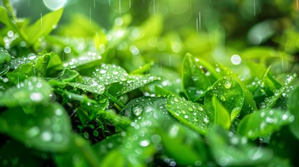 Growing organic, biologic plants is an idea of green nature. Raindrops on a grassy area in a Florence park. concept picture of a sobbing green environment. green ideas and ecology. Generative AI