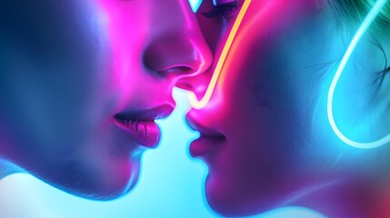 Close-up of two faces illuminated by vibrant neon lights, showcasing an intimate and futuristic atmosphere.
