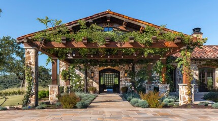 Fototapeta premium ranch-style home with an elaborate, custom-built pergola over the front walkway, draped with climbing vines