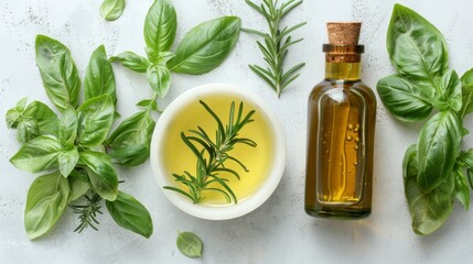 A bottle of olive oil stands next to a bowl filled with olive oil, set against a backdrop of rosemary and basil leaves in a white marble kitchen