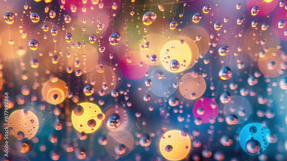 Poster beautiful array of water drops on glass with blurry colorful lights in the background.