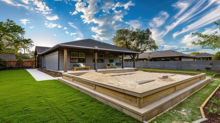 Fototapeta premium ranch-style home with a backyard that includes a custom-built, oversized sandbox for children's play