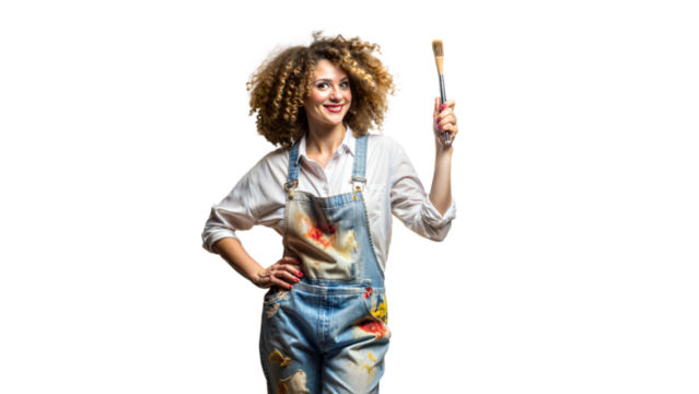 Creative Female Artist Holding Paintbrush Wearing Colorful Overalls