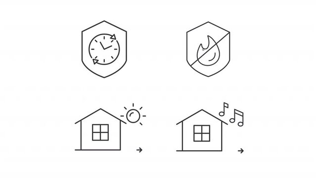 House insulation types animation set. Safety measures animated line icons. Fire resistant, sound isolation. Black illustrations on white background. HD video with alpha channel. Motion graphic
