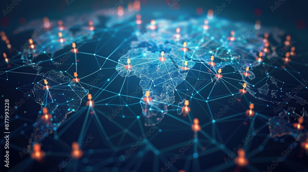 Poster Glowing nodes connected by a network of blue lines on a dark blue background resembling a world map.