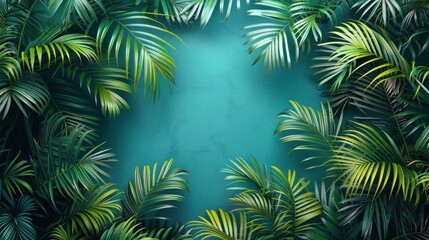 Tropical Palm Leaves Border with Teal Background