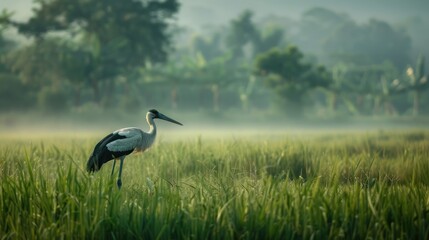 Asian openbill stork foraging in fields
