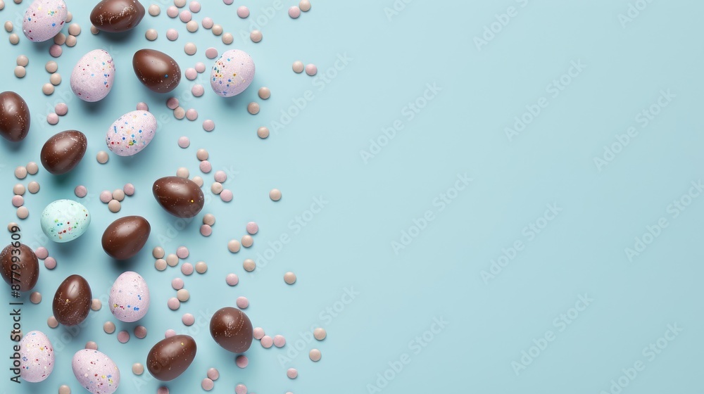 Canvas Prints Chocolate eggs with candy on light blue background for text placement