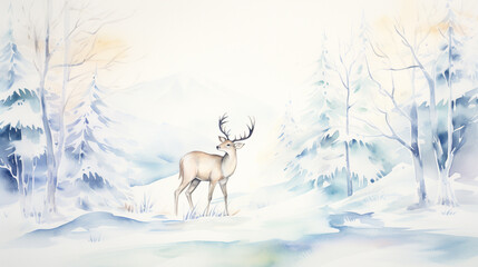 Naklejka premium Watercolor painting of deer is walking through a snowy forest. The scene is peaceful and serene. The white snow and the trees in the background create a sense of calm and tranquility.