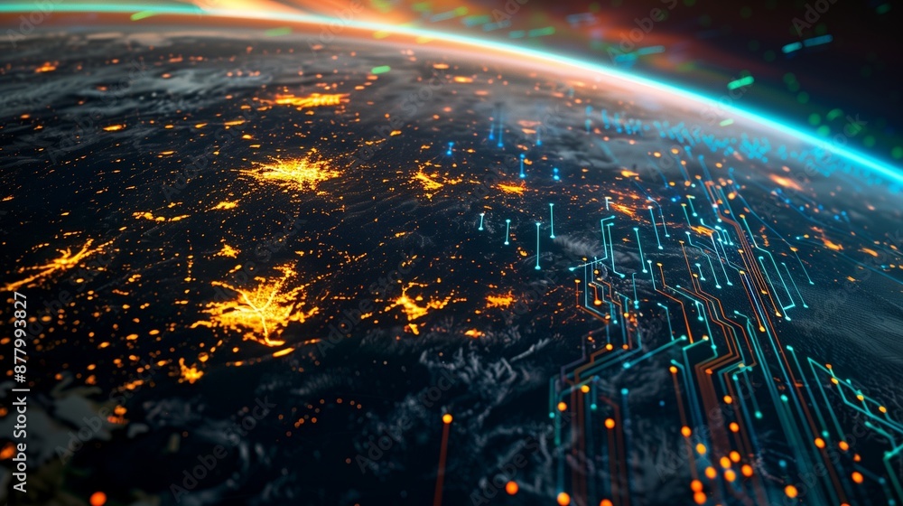 Poster a vibrant illustration of a global communication network showcasing interconnected digital nodes and