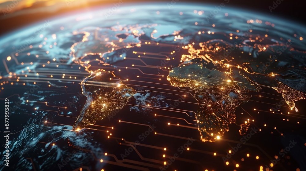 Poster a vibrant illustration of a global communication network showcasing interconnected digital nodes and