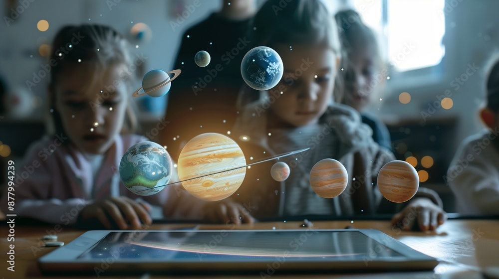 Poster a tablet on a classroom desk displays augmented reality, showcasing an innovative and engaging learn
