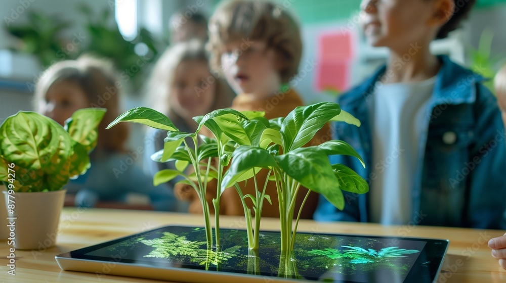Poster a tablet on a classroom desk displays augmented reality, showcasing an innovative and engaging learn