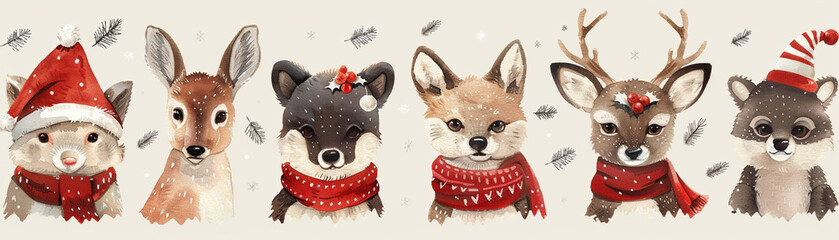 Fototapeta premium Watercolor painting seamless pattern of set of cute animals wearing hats and scarves. The scene is festive and joyful for winter holiday background.