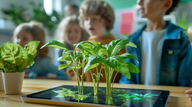 A tablet on a classroom desk displays augmented reality, showcasing an innovative and engaging learning experience. AR in education revolutionizes traditional teaching methods.
